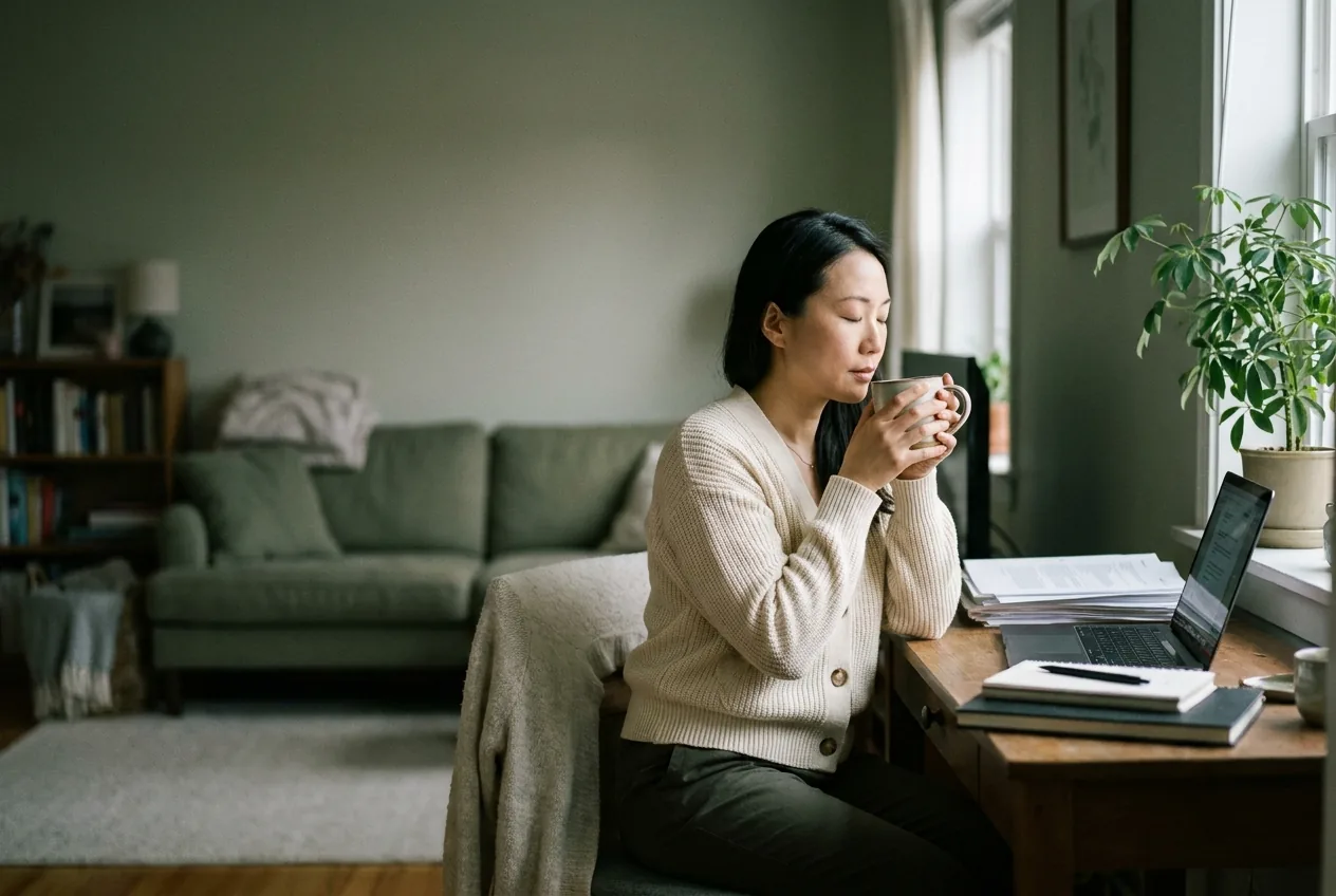 A woman at her desk with her eyes closed, holding a warm mug during a quiet pause