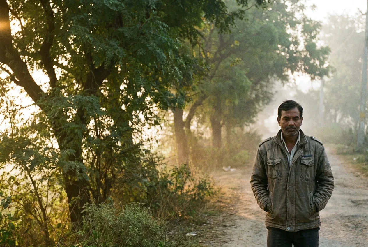 A man walking alone on a misty, tree-lined path at sunrise