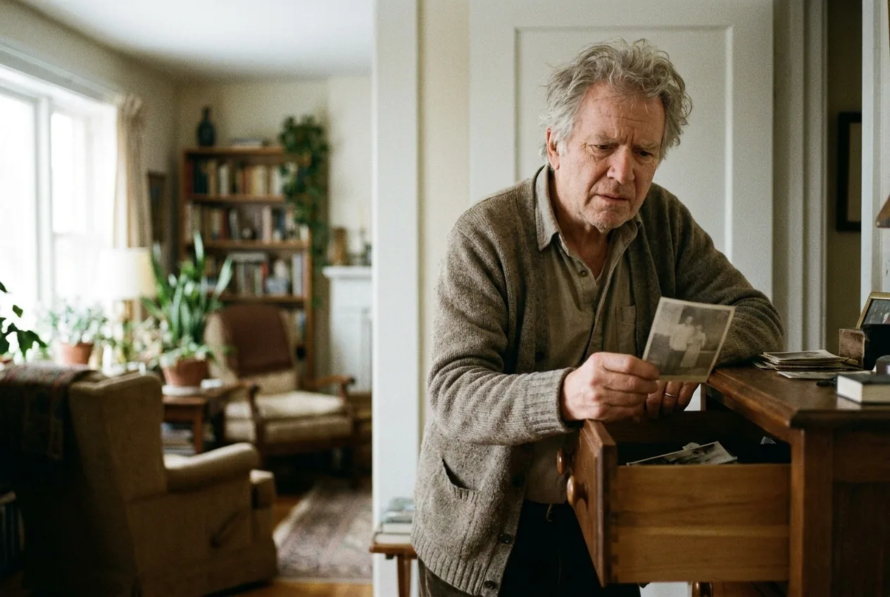 An older man at an open dresser drawer, gazing at an old photograph as he tries to remember