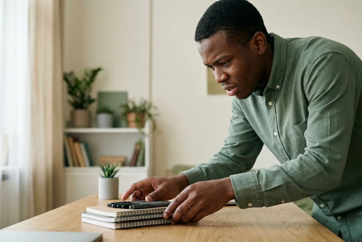 A young man carefully lining up the pens and notebooks on his desk