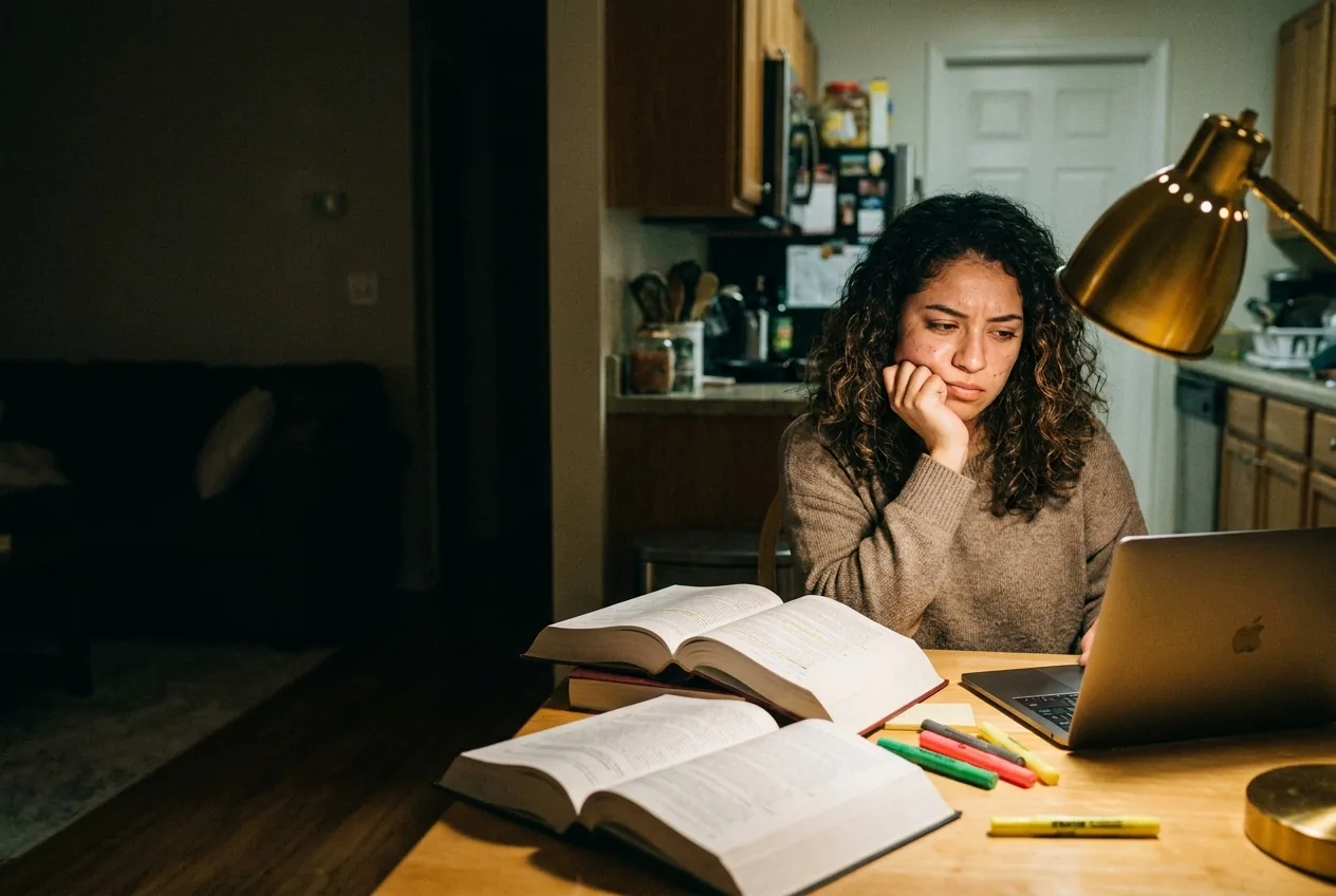 A law student studying late at night under a lamp, surrounded by thick textbooks