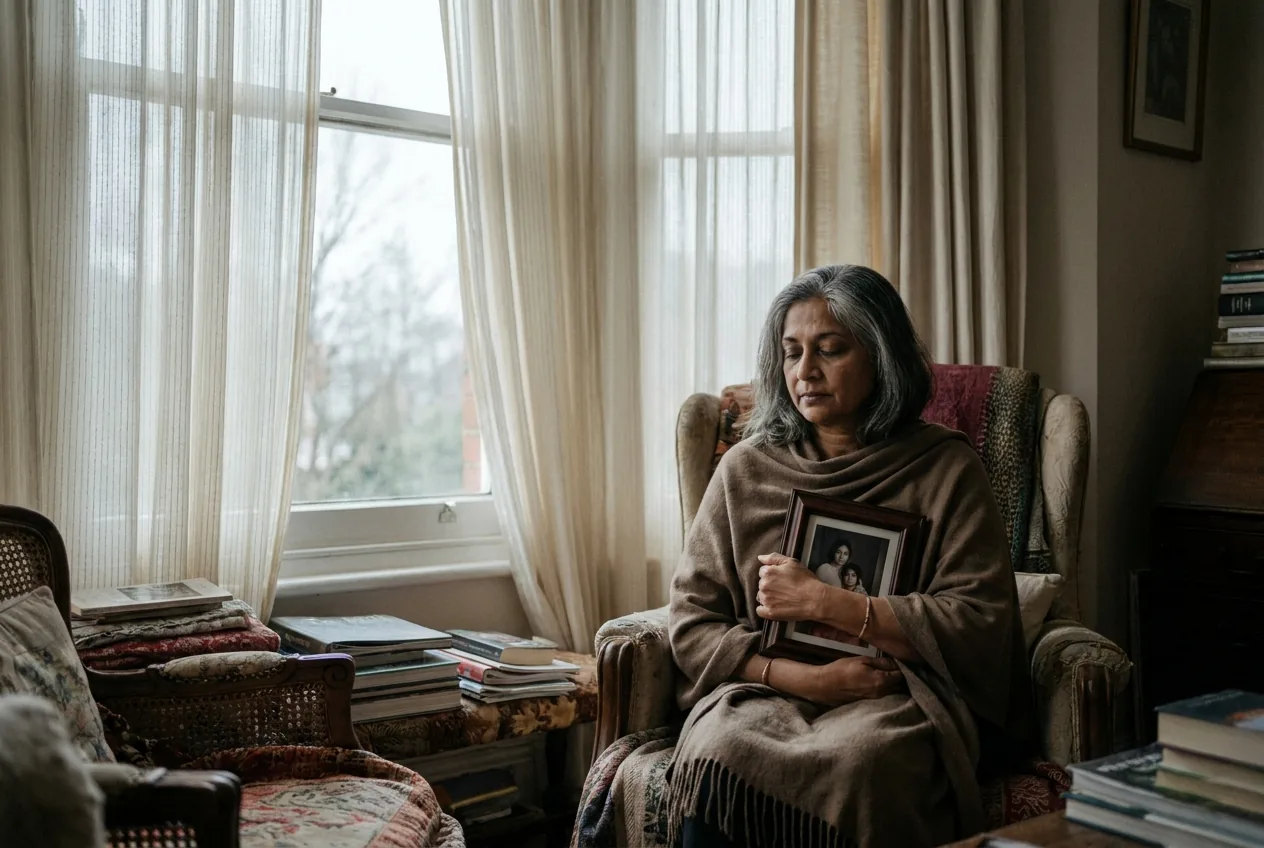 A woman sitting quietly by a window, holding a framed photograph close to her heart