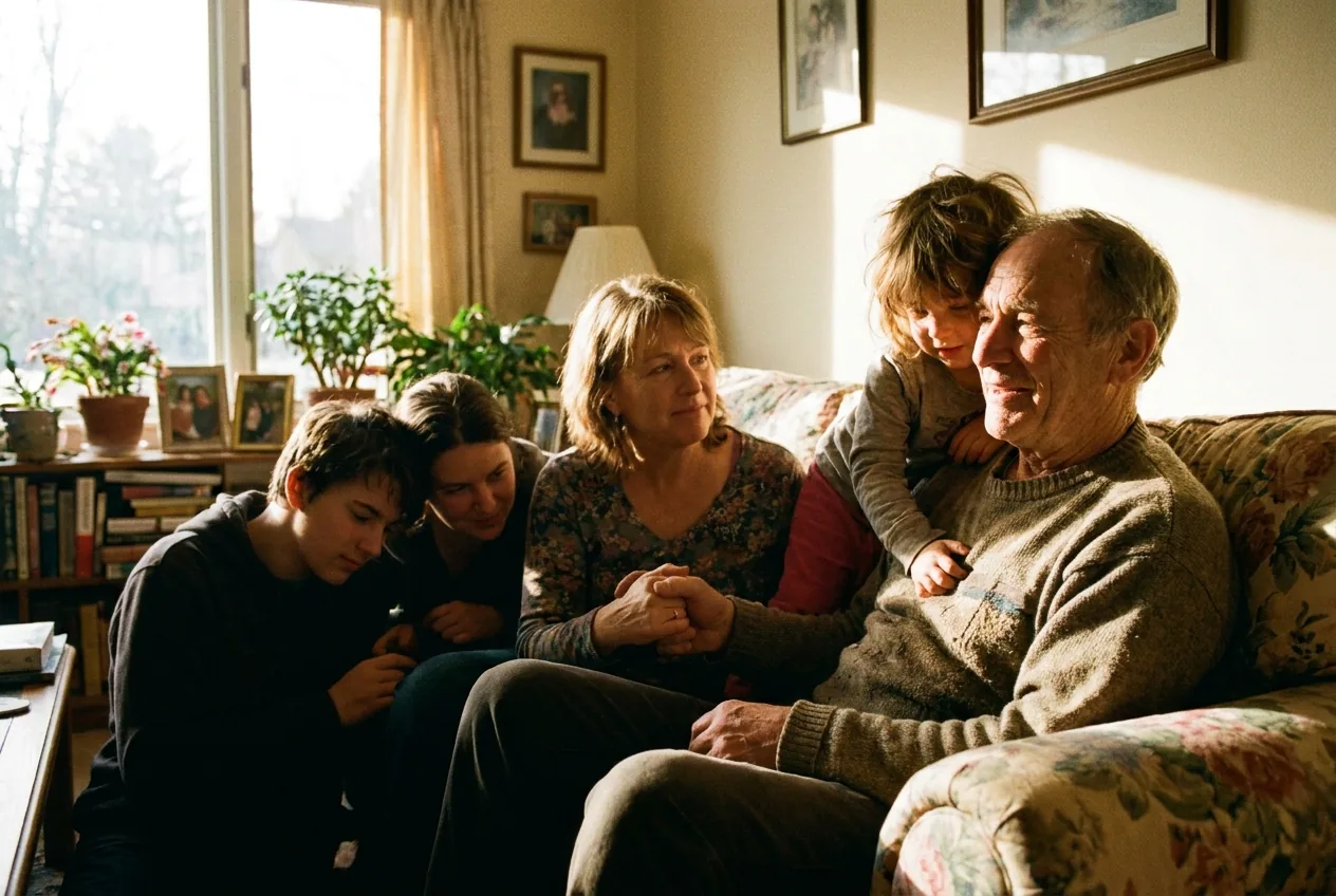 An older man smiling calmly on the sofa, holding hands with his family gathered around him