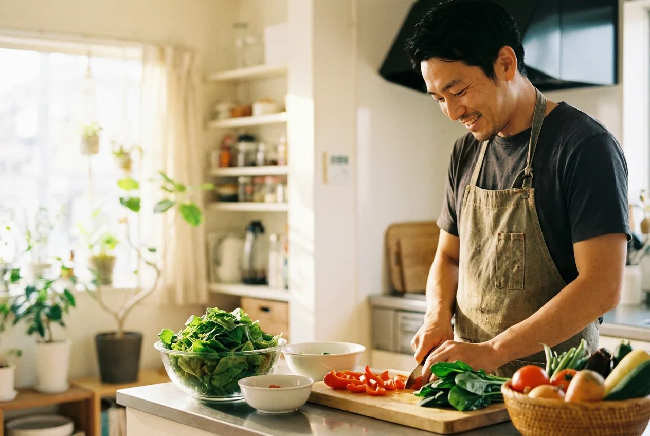 A man chopping colorful vegetables for a healthy meal in a bright kitchen