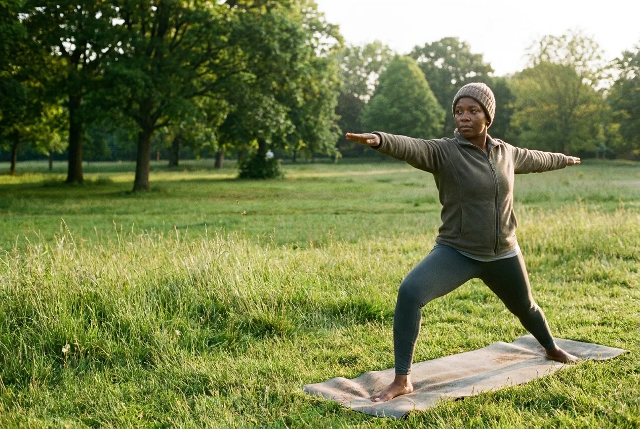 A woman holding a yoga warrior pose on a mat in a sunny park