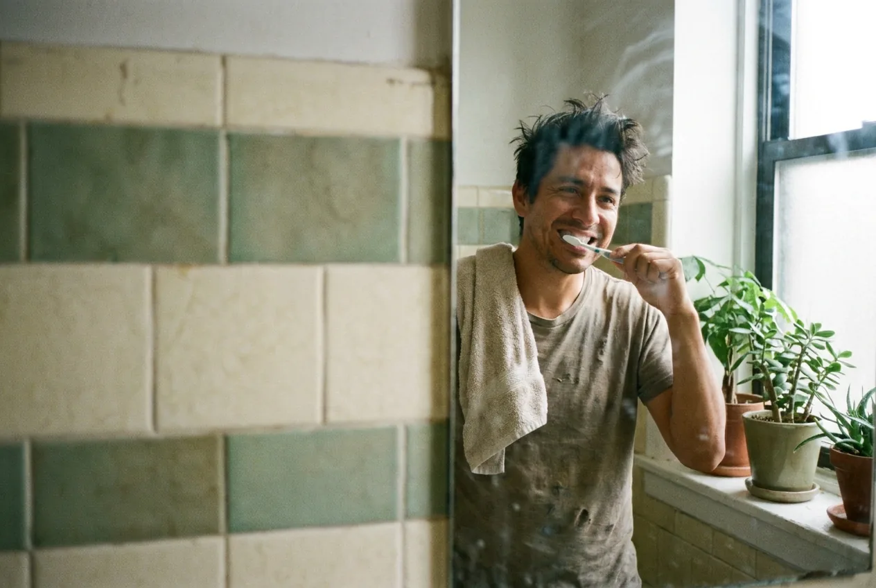 A man smiling at his reflection while brushing his teeth in the morning
