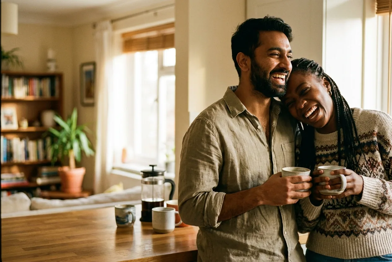 A husband and wife laughing together in their kitchen at home