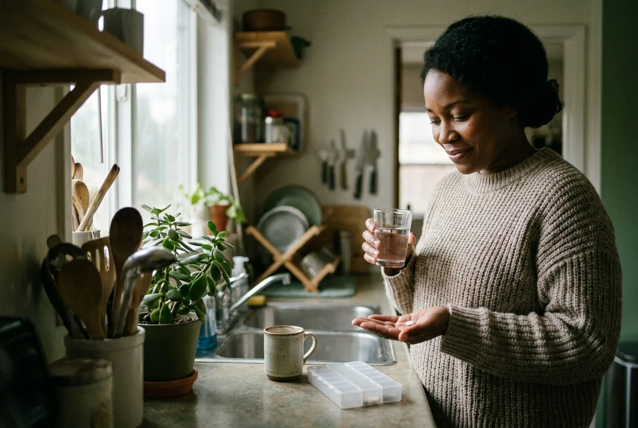 A woman at her kitchen counter in the morning, taking her prescribed medication with a glass of water