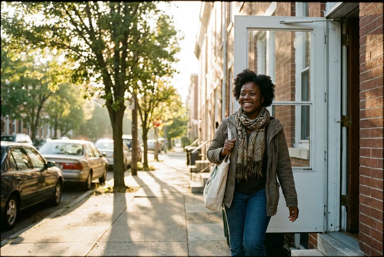A smiling, energized woman stepping out her front door into a sunny morning