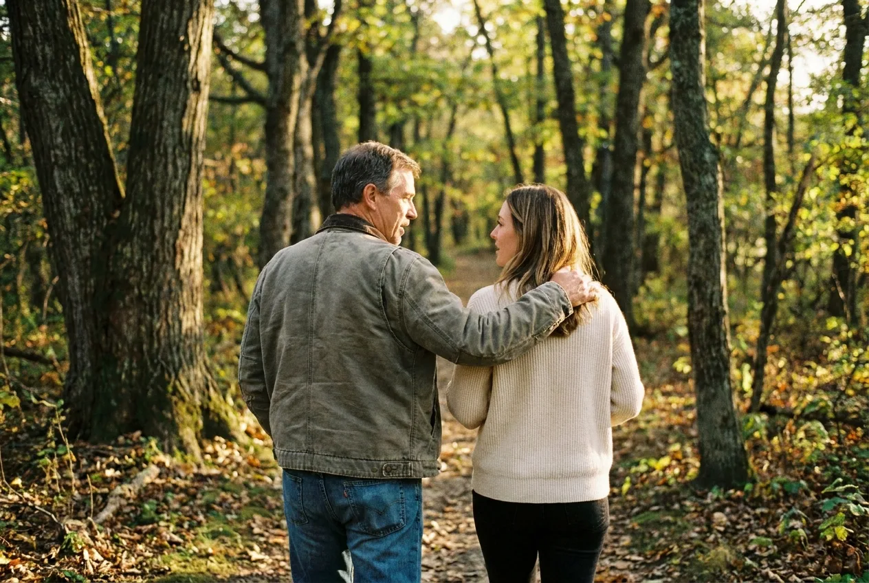 A father and adult daughter walking together on a wooded trail at golden hour
