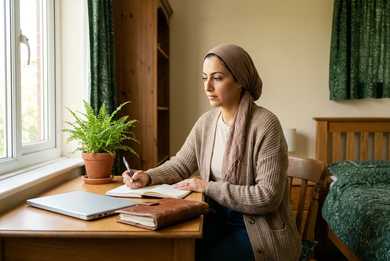 A woman working with focus at an organized desk with a notebook and planner