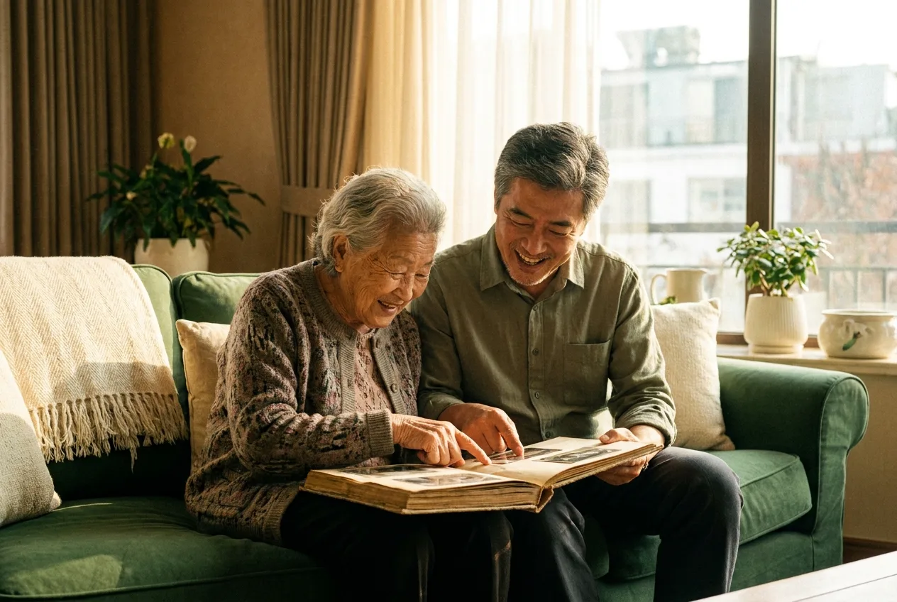An older woman and her adult son looking through a family photo album together