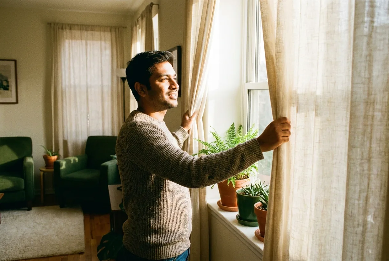 A man opening curtains to let morning sunlight into a calm room