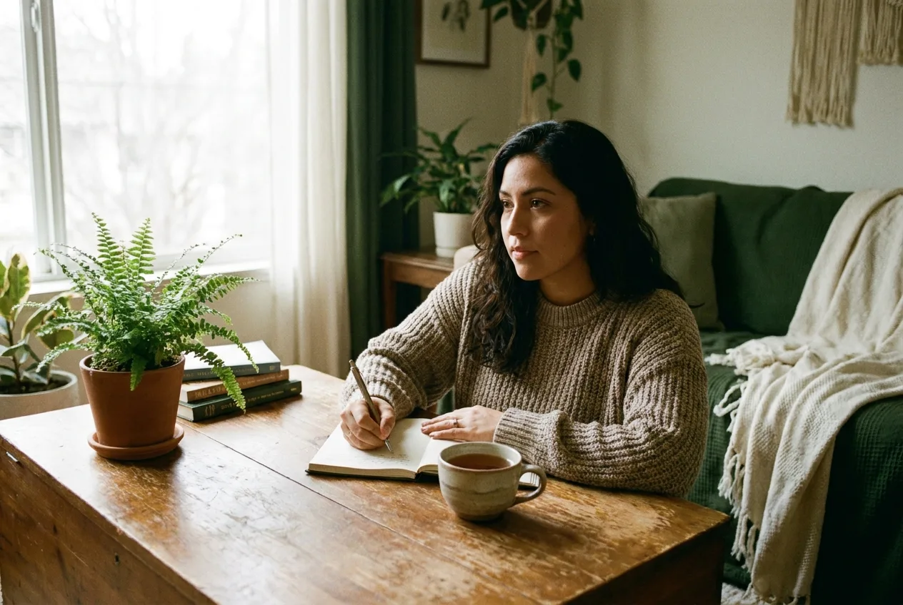 A woman writing thoughtfully in a journal at a wooden table by a window