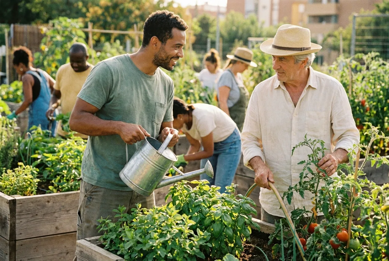Two friends tending herbs together in a sunny community garden