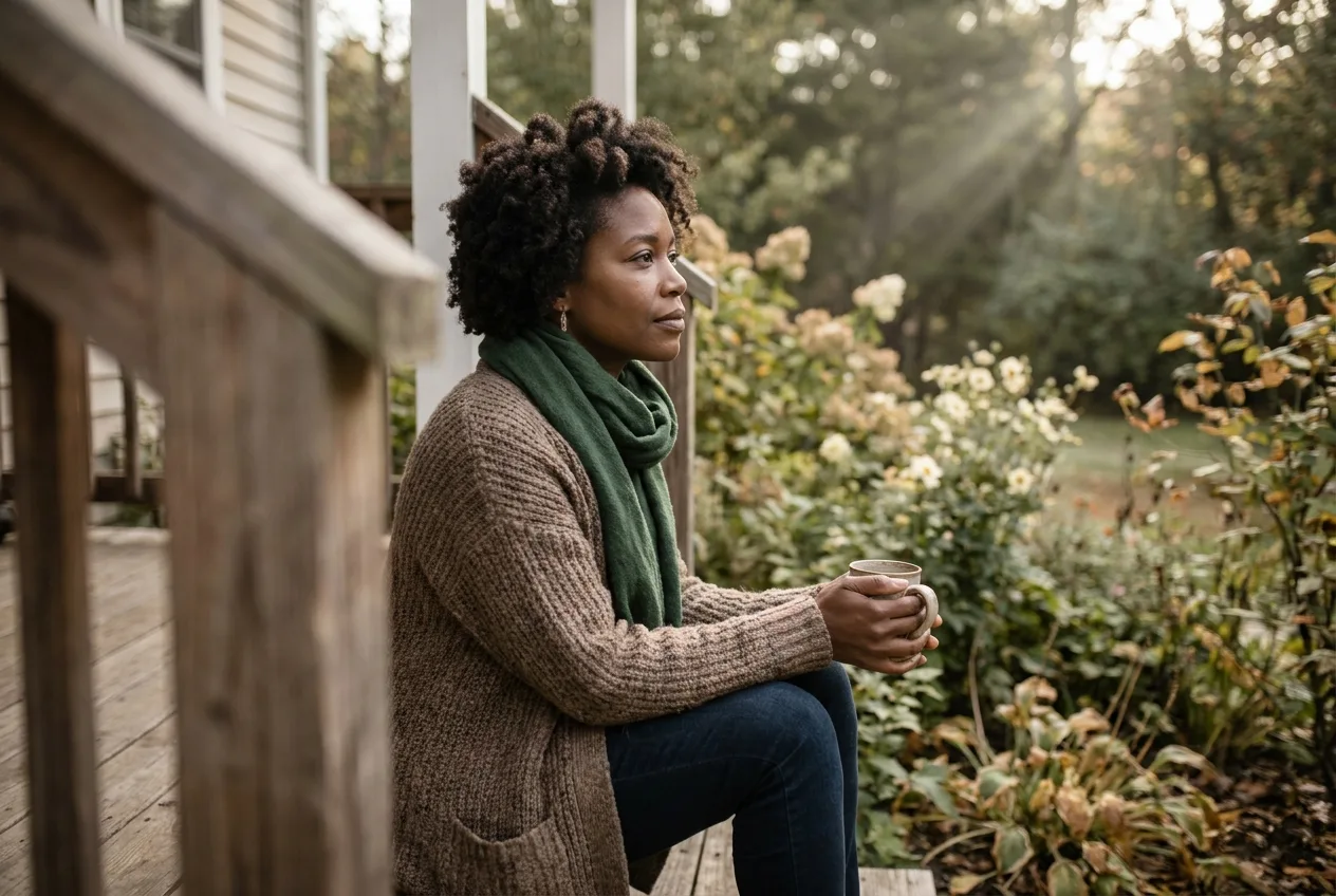 A woman sitting calmly on a porch step with a warm mug, looking out at a garden